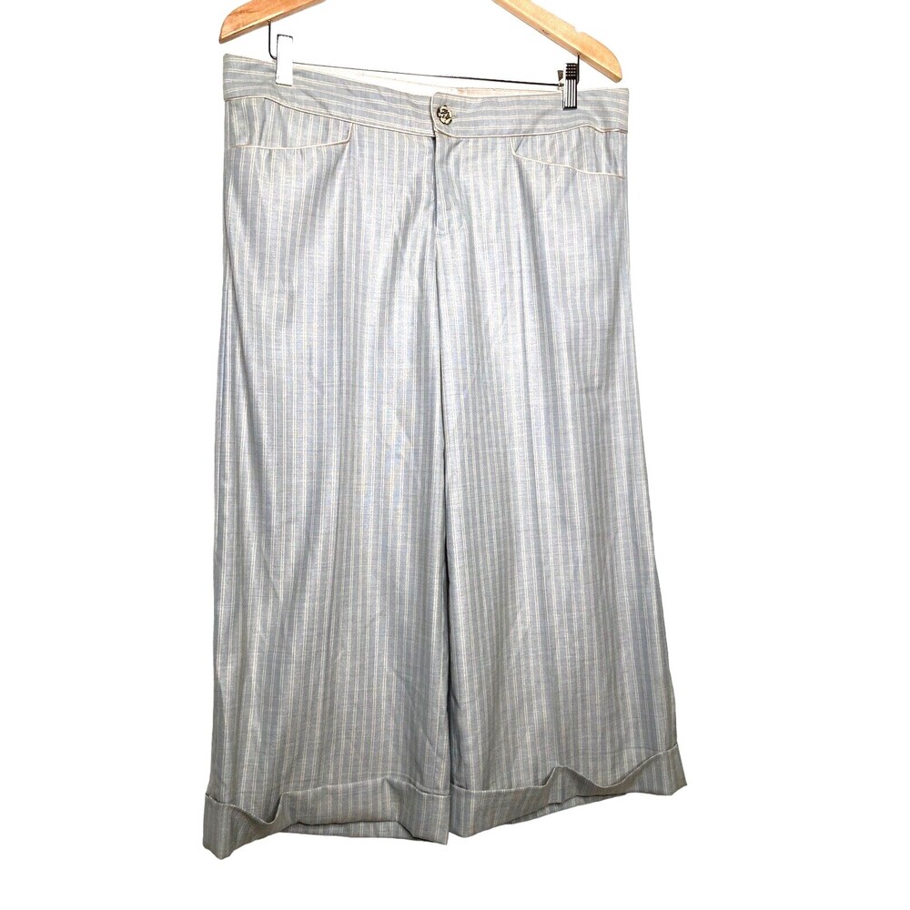 Rebecca Taylor Wide Leg Wool Blend Dress Pants Blue Striped Turn Up Hem Size 6